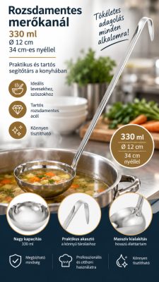 Rozsdamentes merőkanál – 330 ml, Ø12 cm, 34 cm-es nyéllel