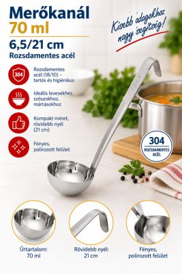 Merőkanál 70 ml 6,5/21 cm, rövidebb nyéllel, rozsdamentes