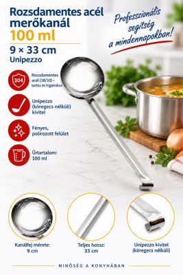 Unipezzo rozsdamentes merőkanál – 100 ml, Ø9 × 33 cm