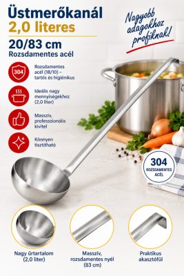 Rozsdamentes üstmerőkanál – 2 liter, Ø 20 cm, 83 cm