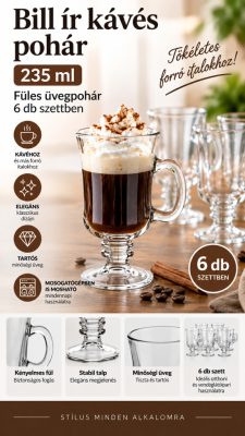 Bill ír kávés pohár 235 ml – füles üvegpohár, 6 db