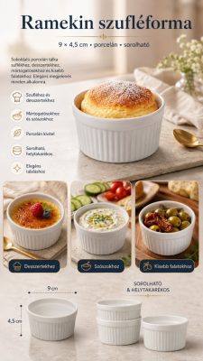 Ramekin szufléforma, 6 db-os csomag, 9 × 4,5 cm, porcelán, sorolható