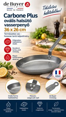 de Buyer Carbone Plus ovális halsütő vasserpenyő – 36×26 cm, rövid oldali nyél