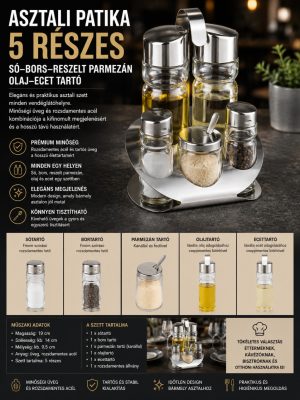 Asztali patika 5 részes – só, bors, mustár, olaj és ecet – 19 cm