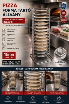 WAS pizzaforma tartó állvány 14 db 22–36 cm-es pizzaformához – 30,5 × 30,5 × 69 cm