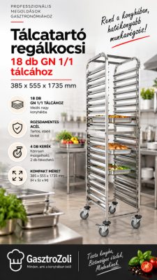 Rozsdamentes tálcatartó regálkocsi – 18 db GN 1/1 tálcához