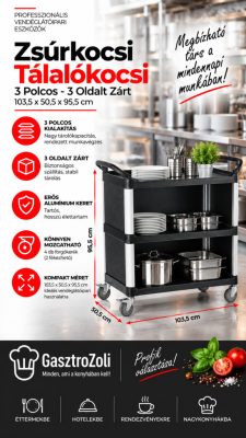 3 polcos tálalókocsi, 3 oldalt zárt – 103,5×50,5×95,5 cm