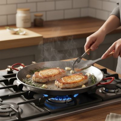 de Buyer La Lyonnaise Piros Füles Vas Szeletsütő és Lecsófőző Serpenyő, 24 cm