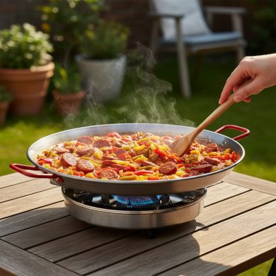 de Buyer Viva España paella vasserpenyő – 28 cm, piros fülekkel