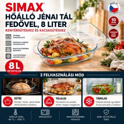 SIMAX hőálló üveg kacsasütő fedővel 8 l – 41,6×26 cm