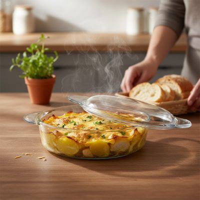 Kerek hőálló üvegtál fedővel 1,75 liter Simax – sütéshez és tároláshoz