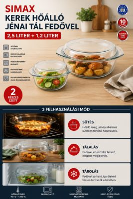 SIMAX kerek hőálló jénai tál fedővel 2,5 + 1,2 l