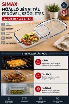 SIMAX szögletes hőálló jénai tál fedővel 3,2 + 2,3 l