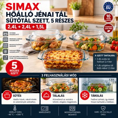 SIMAX 5 részes hőálló jénai tál szett – 1,5 l + 2,4 l + 2,4 l