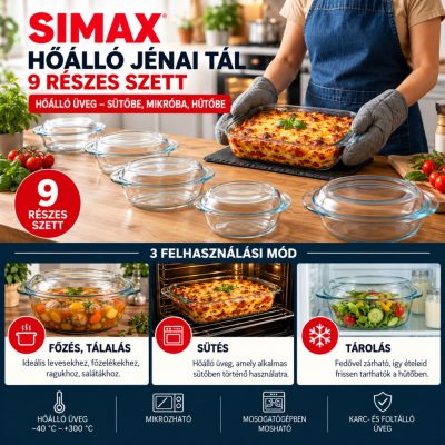 SIMAX 9 részes hőálló jénai tál szett – 4 fedeles tál + 1 sütőtál