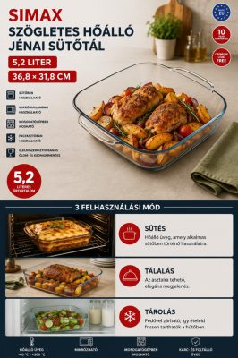 SIMAX szögletes hőálló jénai sütőtál 5,2 l – 36,8 × 31,8 × 7,5 cm
