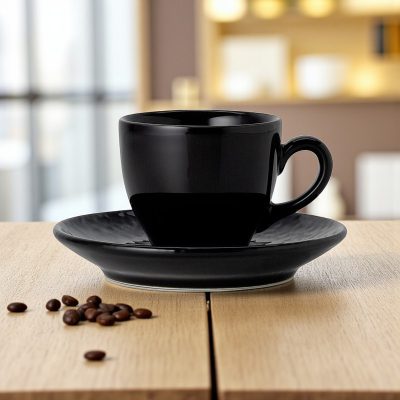 Vida Night fekete kávéscsésze és alj – 90 ml, porcelán elegancia, 6 + 6 db-os csomag