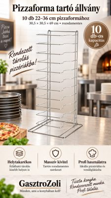Pizzaforma tartó állvány 10 db 22-36 cm pizzaformának, 30,5x30,5x69 cm, rozsdamentes
