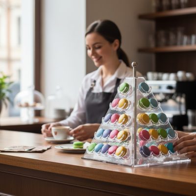 Piramis Plexi Macaron Állvány és Kínáló Torony Fészkekkel, Akril, 35x35x45 cm