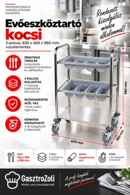 Evőeszköztartó kocsi, 3 polcos, 630*400*980 mm, rozsdamentes
