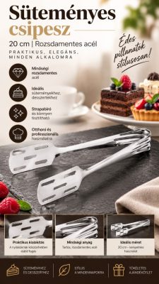 Rozsdamentes süteményes csipesz 20 cm – cukrászdai tálalócsipesz