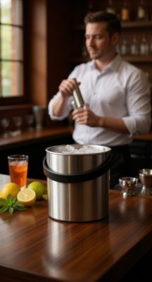 Rozsdamentes Acél Jégvödör Fedővel és Csepegtető Ráccsal, Duplafalú Thermo, 1,6 l