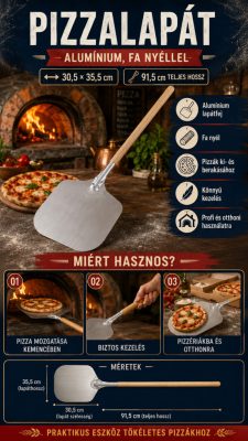Alumínium pizzalapát fa nyéllel – 30,5 × 35,5 cm fej, 91,5 cm