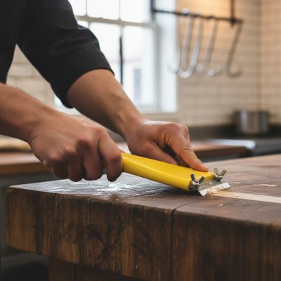 Hentesipari Hústőke Kaparó Cserélhető Acél Pengével, Sárga Műanyag Nyél, Szárnyas Anyás