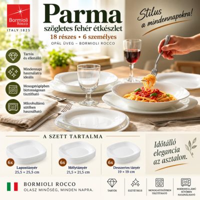 Parma szögletes fehér étkészlet 18 részes, opál üveg - Bormioli Rocco opál üveg