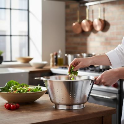 de Buyer Rozsdamentes Kúpos Szűrődézsa, Ø 34 cm – Talpas Tésztaszűrő