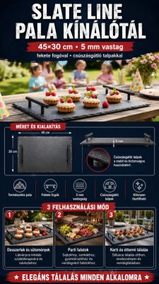 Slate Line pala kínálótál fekete fogóval 45×30 cm – 5 mm vastag, csúszásgátló talpakkal