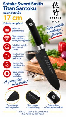 Satake Sword Smith Titan Santoku japán szakácskés – 17 cm, fekete titánbevonattal