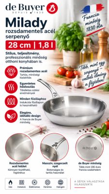 de Buyer Milady rozsdamentes serpenyő 28 cm – 1,8 l, PFAS-mentes