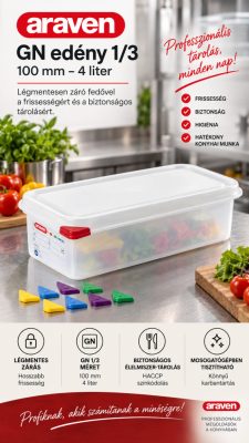 Araven GN edény 1/3 100 mm 4 liter ételtároló légmentesen záró fedővel