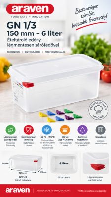 Araven GN edény 1/3 150 mm 6 liter ételtároló légmentesen zárófedővel
