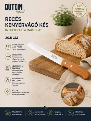 Quttin Natura recés kenyérvágó kés 20 cm – szegecselt fa markolattal