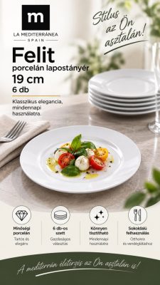 Felit fehér színű 19 cm-es porcelán lapostányér, 6 db-os csomag