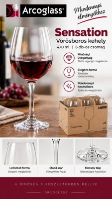 Sensation vörösboros kehely 470 ml, Arcoglass üveg, 6 db-os csomag