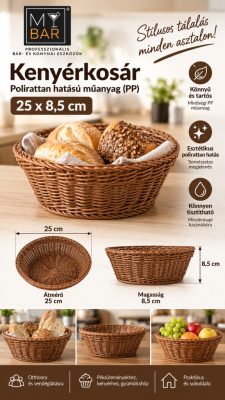 Polirattan hatású műanyag (PP) kerek kenyérkosár 25x8,5 cm