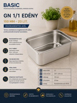 Basic GN 1/1 edény 150 mm, 20 lit. – rozsdamentes