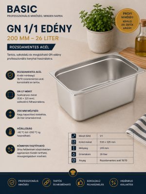 Basic GN 1/1 rozsdamentes edény 200 mm – 26 l