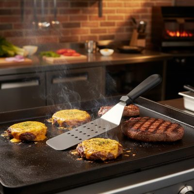 Perforált hamburgerhús fordítólapát műanyag nyéllel, 250x73 mm
