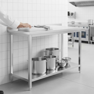 Erősített Munkalapos Rozsdamentes Fali Munkaasztal Alsó Polccal, 1500x600x850 mm