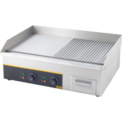 Gredil Professzionális Elektromos Grill-lap, 3.5 kW, 230 V – 1/2 Sima, 1/2 Bordázott Felület, Rozsdamentes Acél