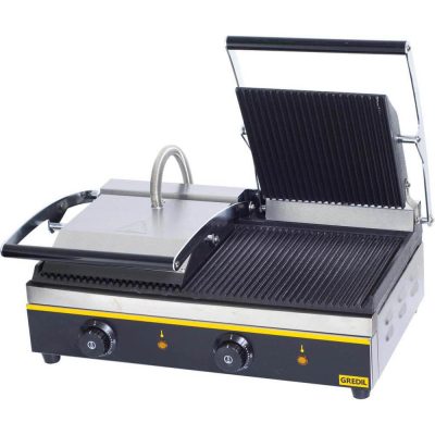 Gredil Professzionális Dupla Kontaktgrill, 3.6 kW, 230 V – Kétzónás, Rozsdamentes Acél Ház, Tisztítókefével