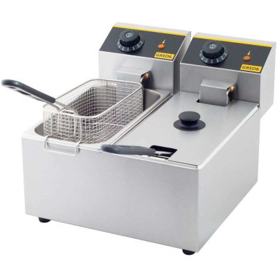 Gredil Professzionális Kétaknás Olajsütő, 2x3 l (6 l), 4.4 kW, 230 V – Rozsdamentes Acél, Kivehető Medencékkel