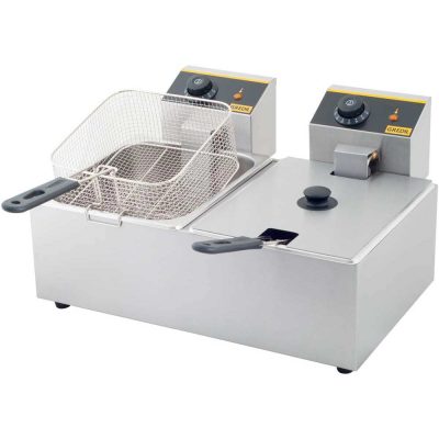 Gredil Professzionális Kétaknás Olajsütő, 2x5 l (10 l), 6.4 kW, 230 V – Rozsdamentes Acél, Kivehető Medencékkel