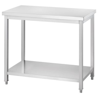Gredil Csavarozott Rozsdamentes Központi Munkaasztal Alsó Polccal, 600x600x850 mm – Lapra Szerelt Kisméretű Inox Szigetasztal