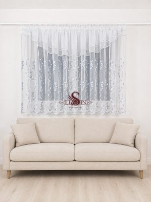 LISIN fehér-ezüst leveles, hímzett strasszköves készfüggöny 400×160 cm