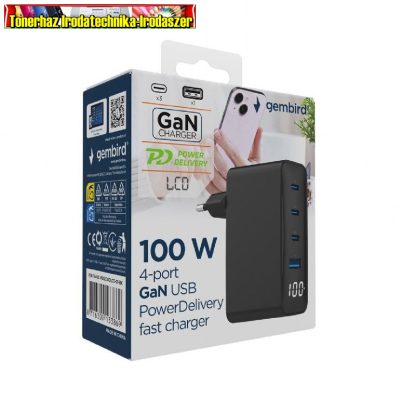  Hálózati töltő 1xUSB + 3xUSB-C aljzattal Gembird 100W GaN TA-UC-PDQC100LCD-01-BK 